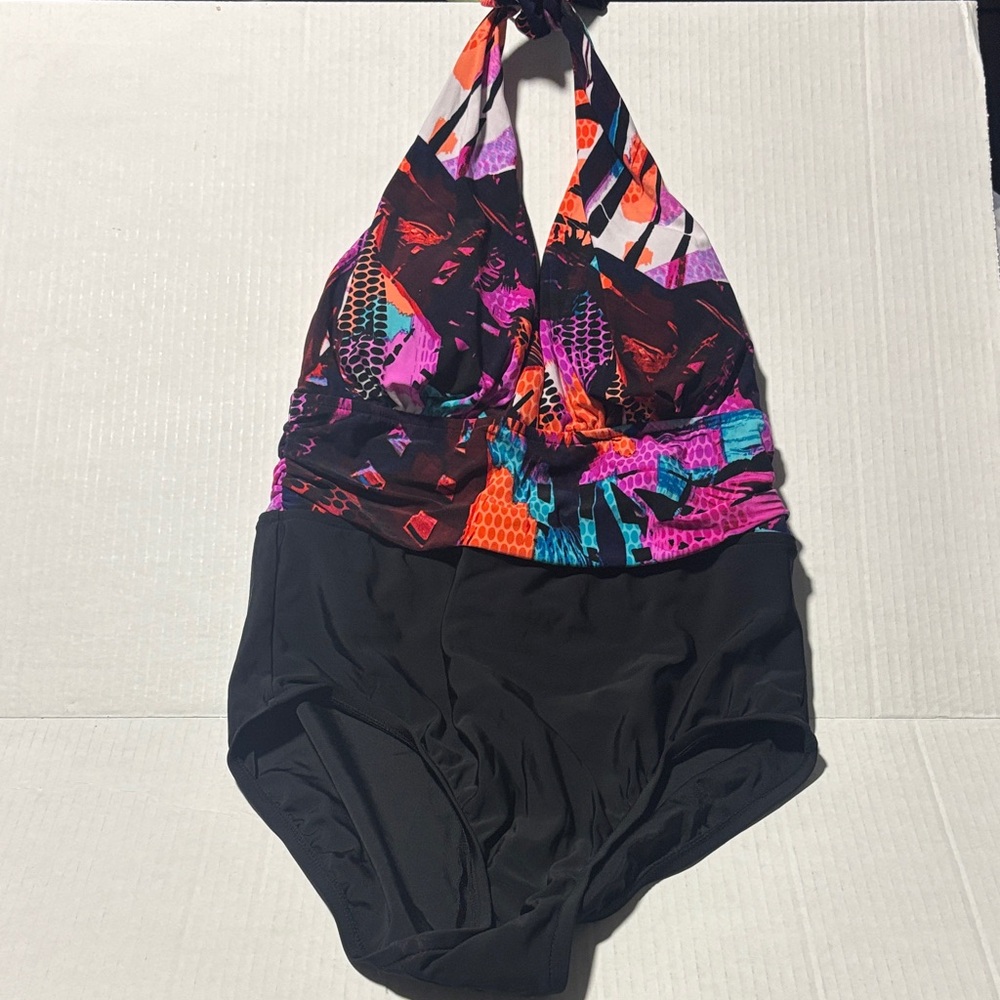 Aqua Green Black One-Piece padded Swimsuit with Multicolor Halter Pattern